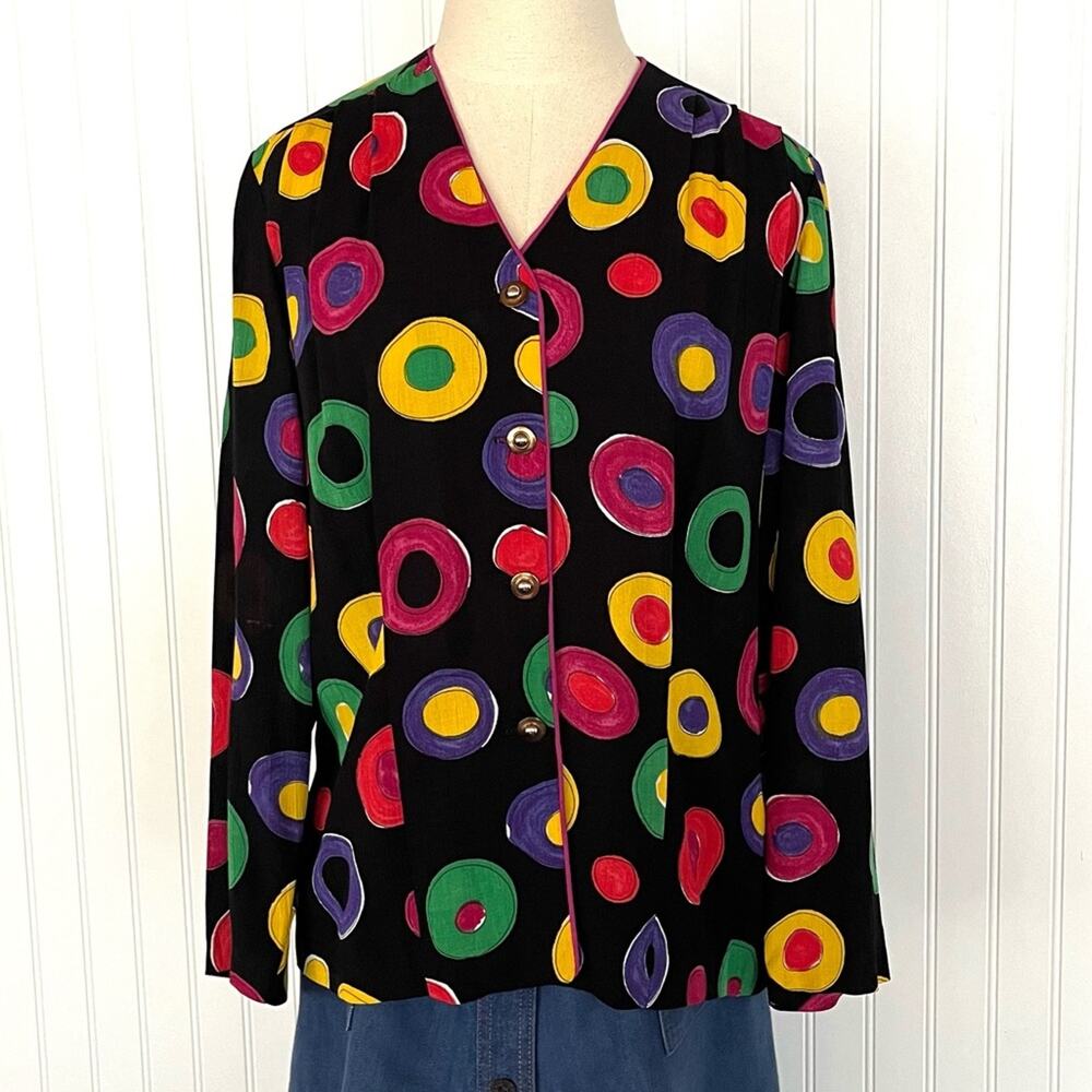Vintage Funky Pattern Bright Color Button Down Blouse Silver Spaceship Buttons
